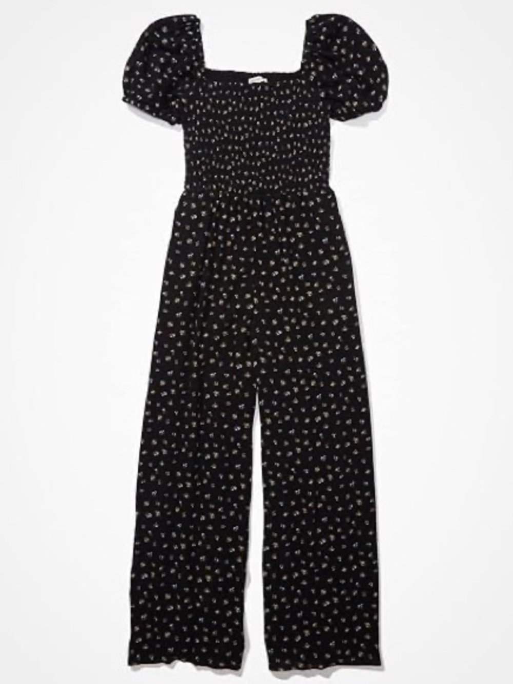 American Eagle Outfitters Black Floral Smocked Puff-Sleeve Jumpsuit